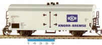[Nkladn vozy] → [Kryt] → [2-os chladic, pivn a reklamn] → 14359: nkladn chladc vz bl s edou stechou „Knorr Bremse“